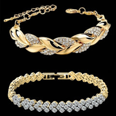 Braided Leaf Charm Crystal Wedding Bracelet for Women