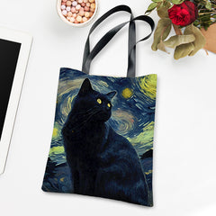 Cat Pattern Canvas Shoulder Bag Lightweight Handbag Versatile Shopper