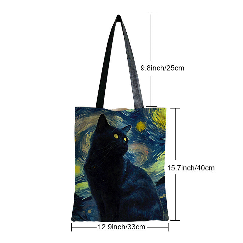 Cat Pattern Canvas Shoulder Bag Lightweight Handbag Versatile Shopper