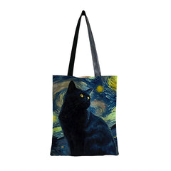 Cat Pattern Canvas Shoulder Bag Lightweight Handbag Versatile Shopper