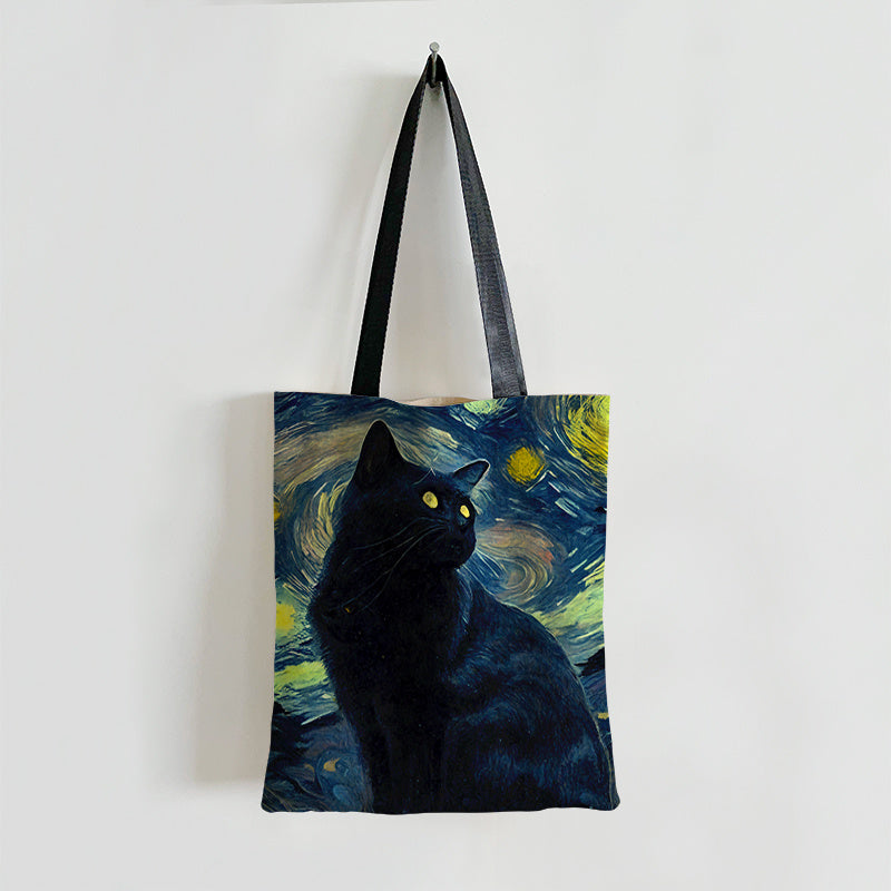 Cat Pattern Canvas Shoulder Bag Lightweight Handbag Versatile Shopper