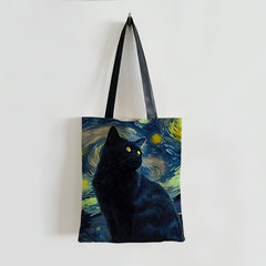 Cat Pattern Canvas Shoulder Bag Lightweight Handbag Versatile Shopper