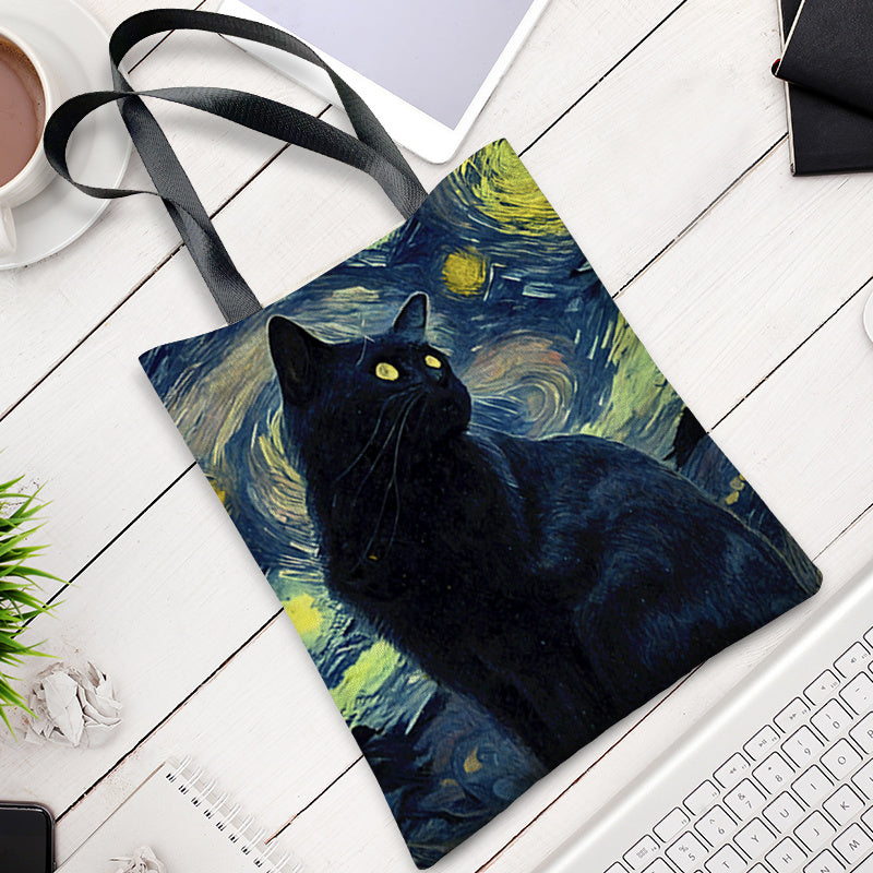 Cat Pattern Canvas Shoulder Bag Lightweight Handbag Versatile Shopper