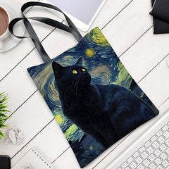 Cat Pattern Canvas Shoulder Bag Lightweight Handbag Versatile Shopper