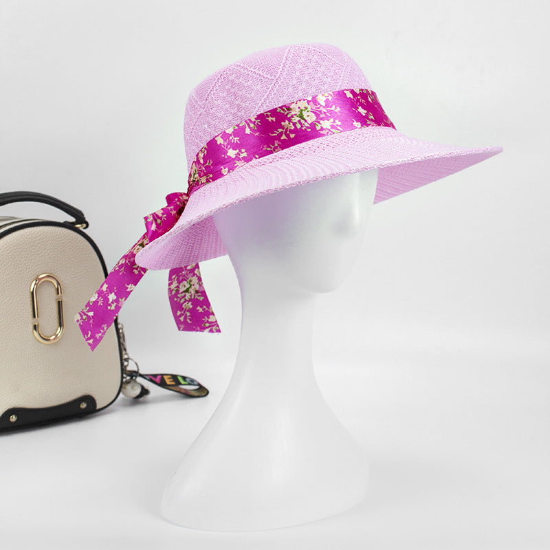 Straw Sun Hat Wide Brim Floral Ribbon Bucket Hat Solid Beach Hats