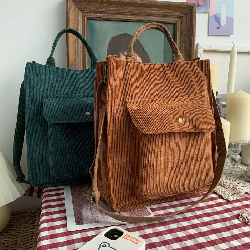 Corduroy Totes Bag For Women Solid Crossbody Bag Pocket Front Handbag For Travel