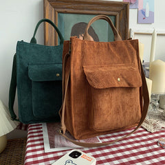 Corduroy Totes Bag For Women Solid Crossbody Bag Pocket Front Handbag For Travel