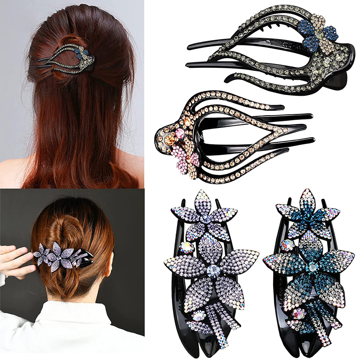 4 PCS Butterfly Hair Clip with Rhinestones Duckbill Clip Flowers for Women