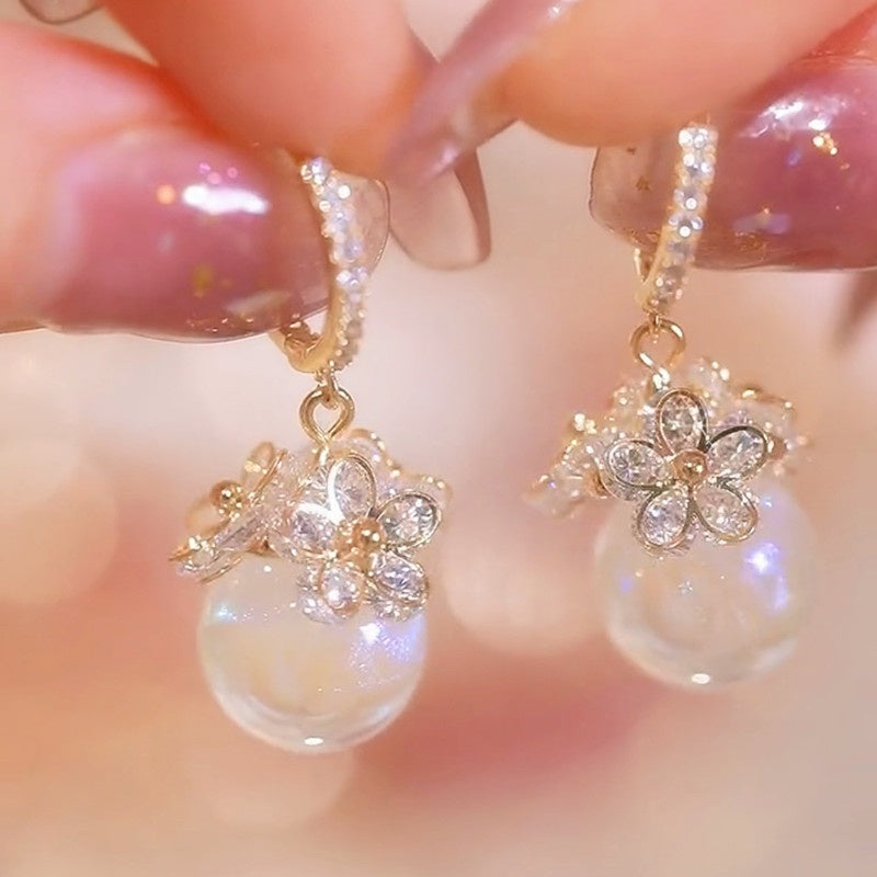 Flower Zircon Hoop Earrings Faux Pearl Dangle Earrings Valentines Gift