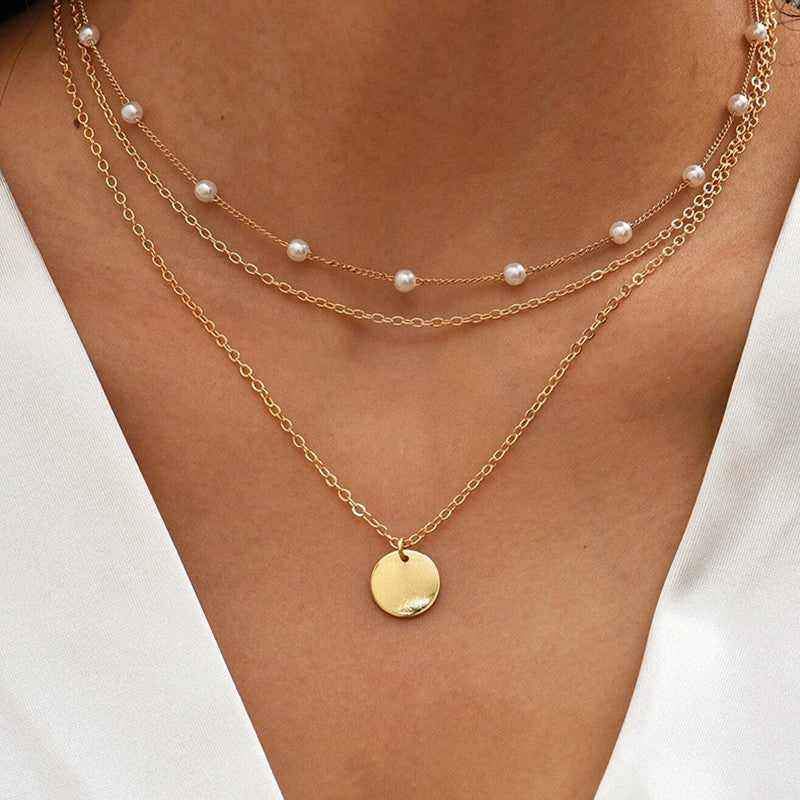 Vintage Crystal Faux Pearl Pendant Necklace Layered Collar Jewelry