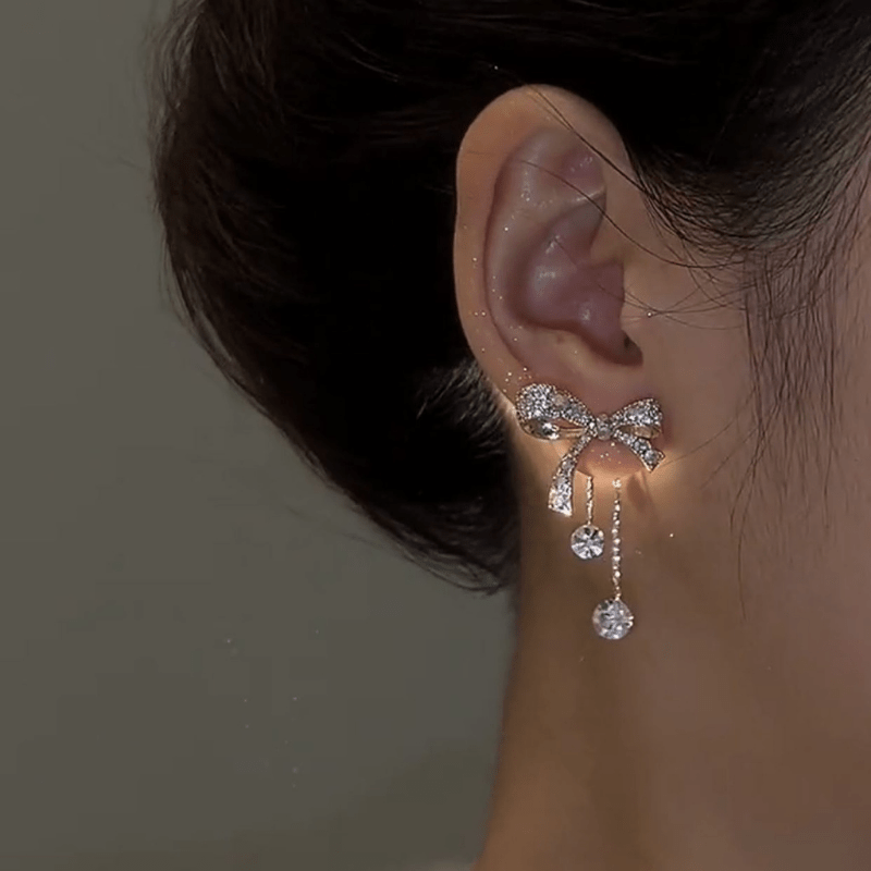 3D Bow Rhinestone Stud Earrings Crystal Studs Birthday Gift