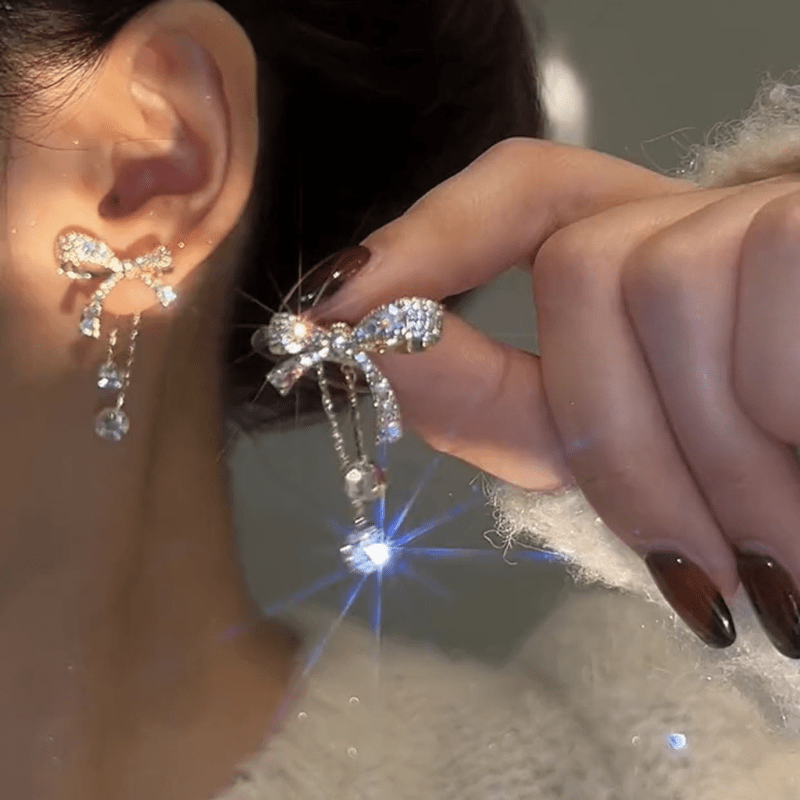 3D Bow Rhinestone Stud Earrings Crystal Studs Birthday Gift