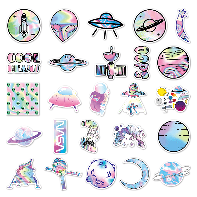 50pcs Laser Outer Space Graffiti Stickers Waterproof Decorative Stickers