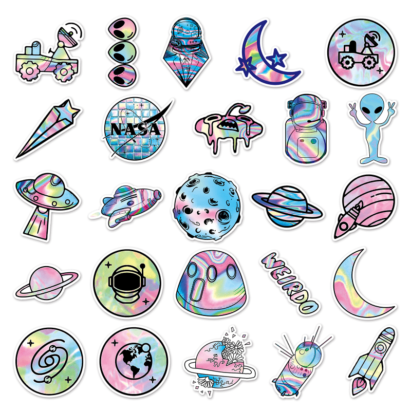 50pcs Laser Outer Space Graffiti Stickers Waterproof Decorative Stickers