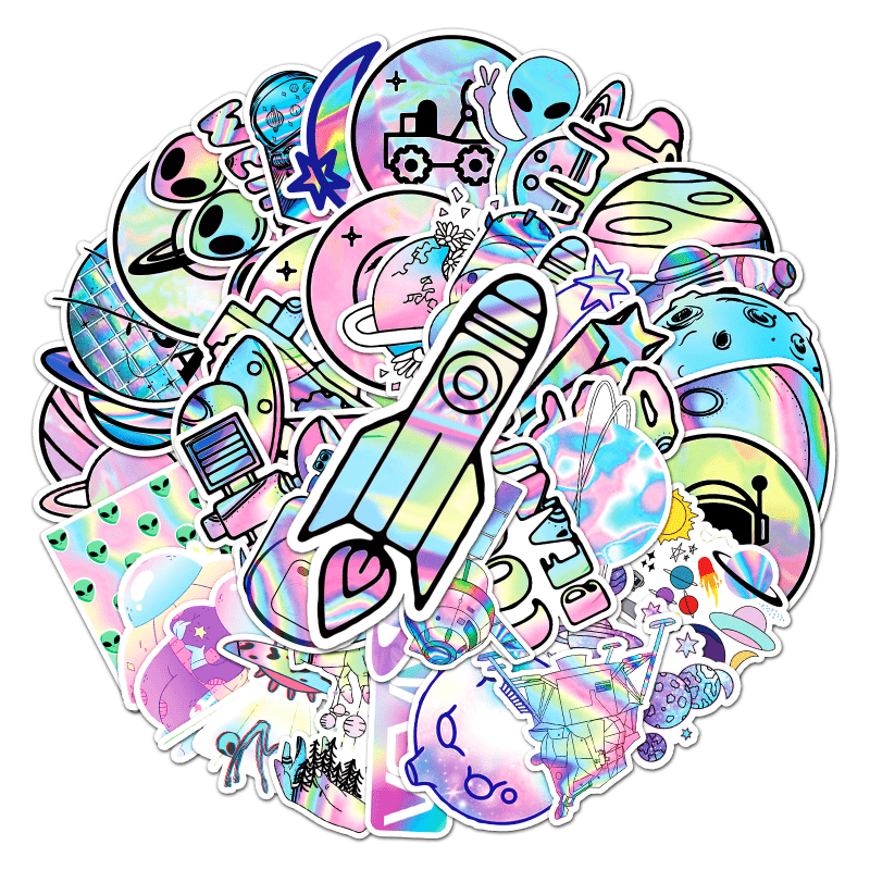 50pcs Laser Outer Space Graffiti Stickers Waterproof Decorative Stickers