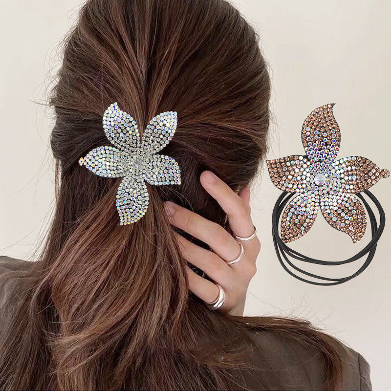 Rhinestones Flower Hair Elastics Ties Ponytail Holder for Girls Women Ladies
