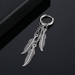 1pc Stainless Steel Feather Cross Pendant & Tassel Small Hoop Earring