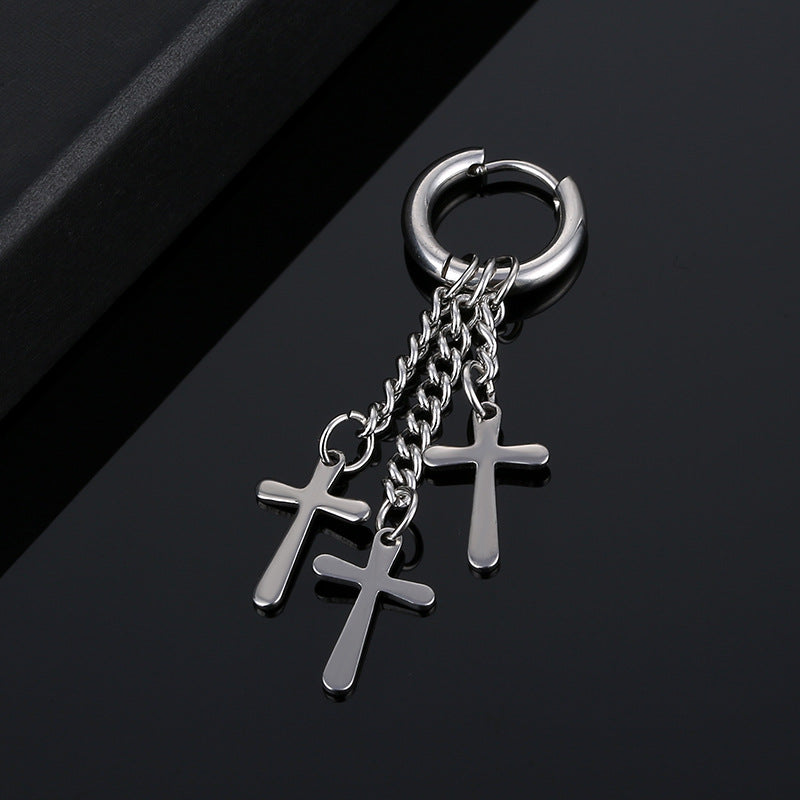 1pc Stainless Steel Feather Cross Pendant & Tassel Small Hoop Earring