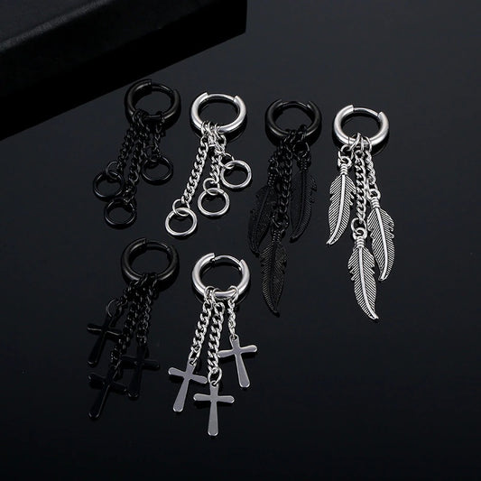 1pc Stainless Steel Feather Cross Pendant & Tassel Small Hoop Earring