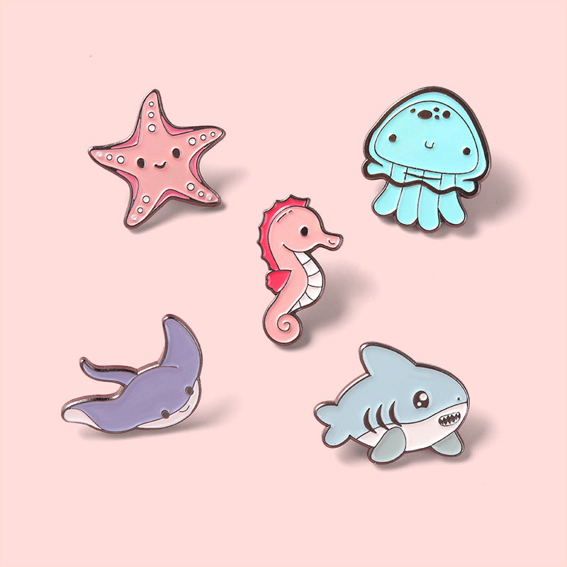 Marine Life Brooch Pin Set Shark Jellyfish Seahorse Metal Badges