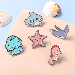 Marine Life Brooch Pin Set Shark Jellyfish Seahorse Metal Badges