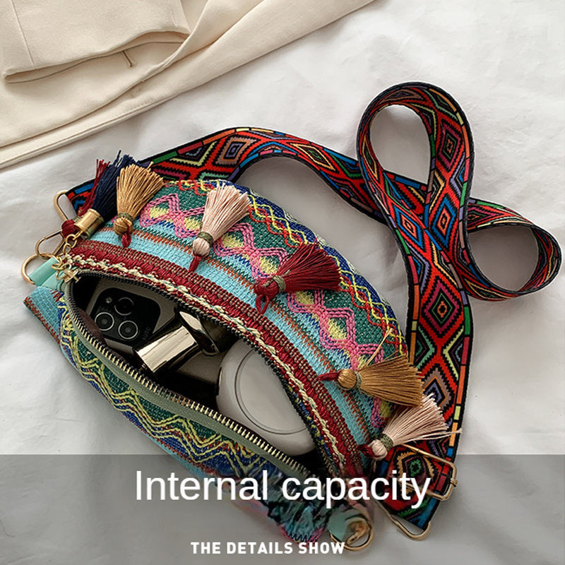 Ethnic Style Crossbody Bag Tassel Decor Canvas Chest Purse