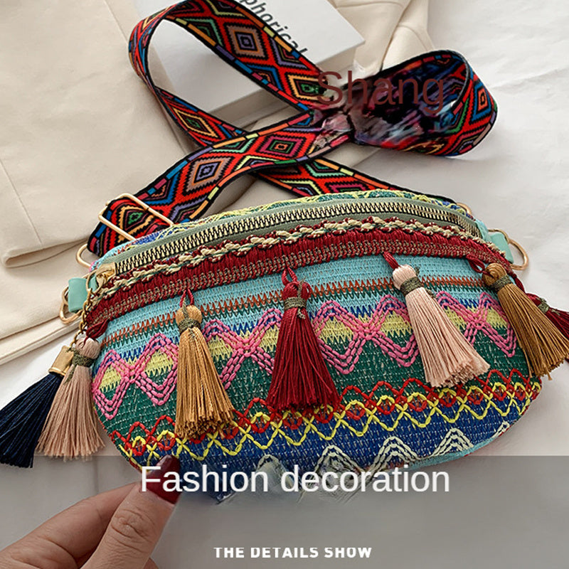 Ethnic Style Crossbody Bag Tassel Decor Canvas Chest Purse