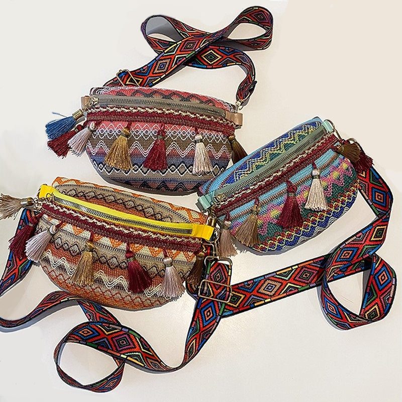 Ethnic Style Crossbody Bag Tassel Decor Canvas Chest Purse