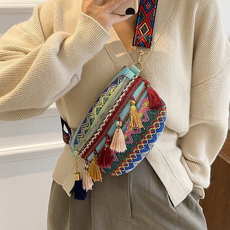 Ethnic Style Crossbody Bag Tassel Decor Canvas Chest Purse