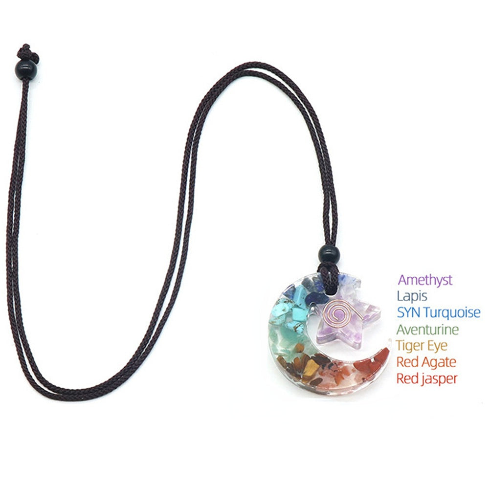 Colorful Gravel Energy Stone Resin Moon Star Pendant Necklace