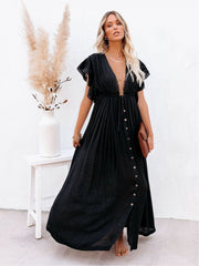 Plunging Pleated Maxi Dress Beach Summer