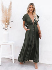Plunging Pleated Maxi Dress Beach Summer