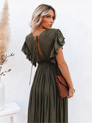 Plunging Pleated Maxi Dress Beach Summer