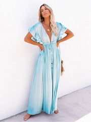 Plunging Pleated Maxi Dress Beach Summer