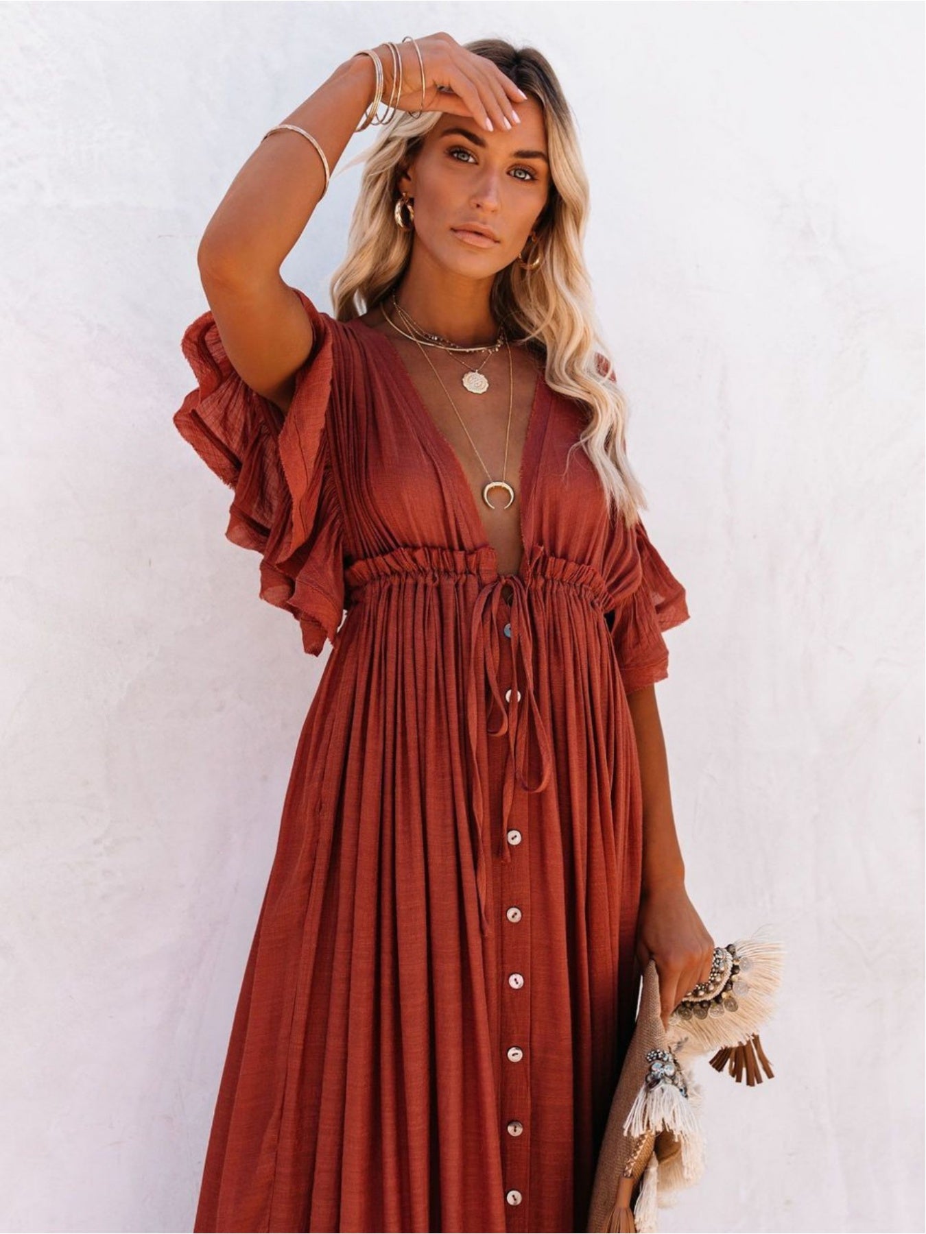 Plunging Pleated Maxi Dress Beach Summer