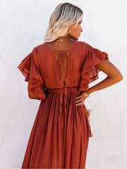 Plunging Pleated Maxi Dress Beach Summer