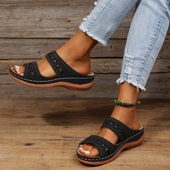Women's Wedge Sandals Open Toe Faux Leather Casual Slides