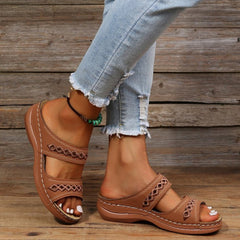 Women's Wedge Sandals Open Toe Faux Leather Casual Slides