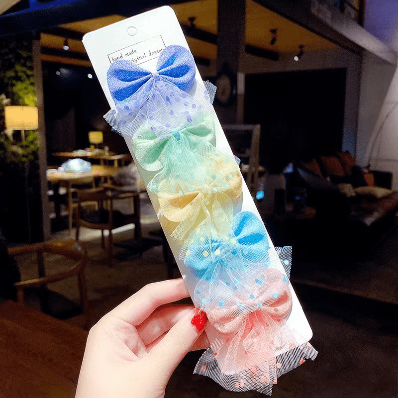 5pcs Sweet Mesh Bow Hair Clips Set Decorative Hair Accessories