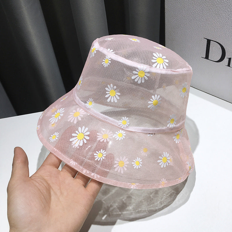 Daisy Flower Embroidery Bucket Hat Mesh Breathable Sunscreen Fisherman Cap