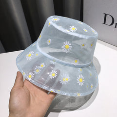 Daisy Flower Embroidery Bucket Hat Mesh Breathable Sunscreen Fisherman Cap