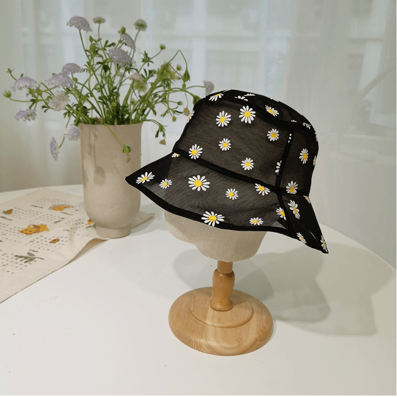 Daisy Flower Embroidery Bucket Hat Mesh Breathable Sunscreen Fisherman Cap