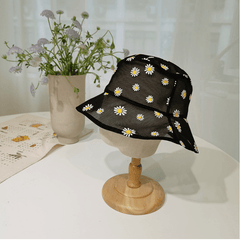 Daisy Flower Embroidery Bucket Hat Mesh Breathable Sunscreen Fisherman Cap