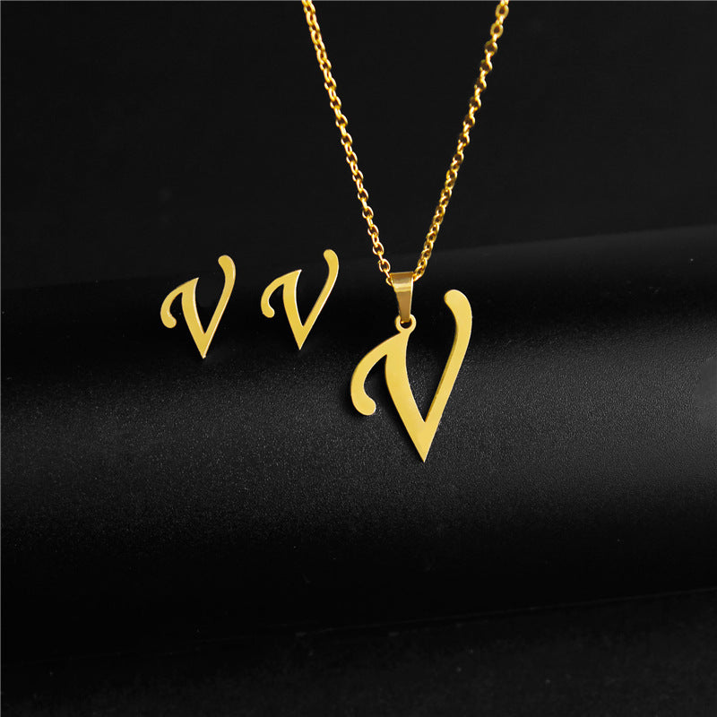 Golden 26 Letters Necklace & Earring Set For Men