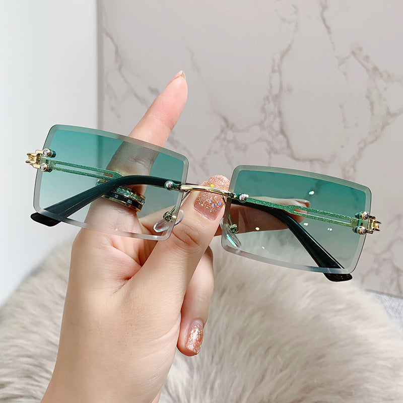 Rimless Rectangle Sunglasses Gradient Lens Cut Edge Glasses UV400