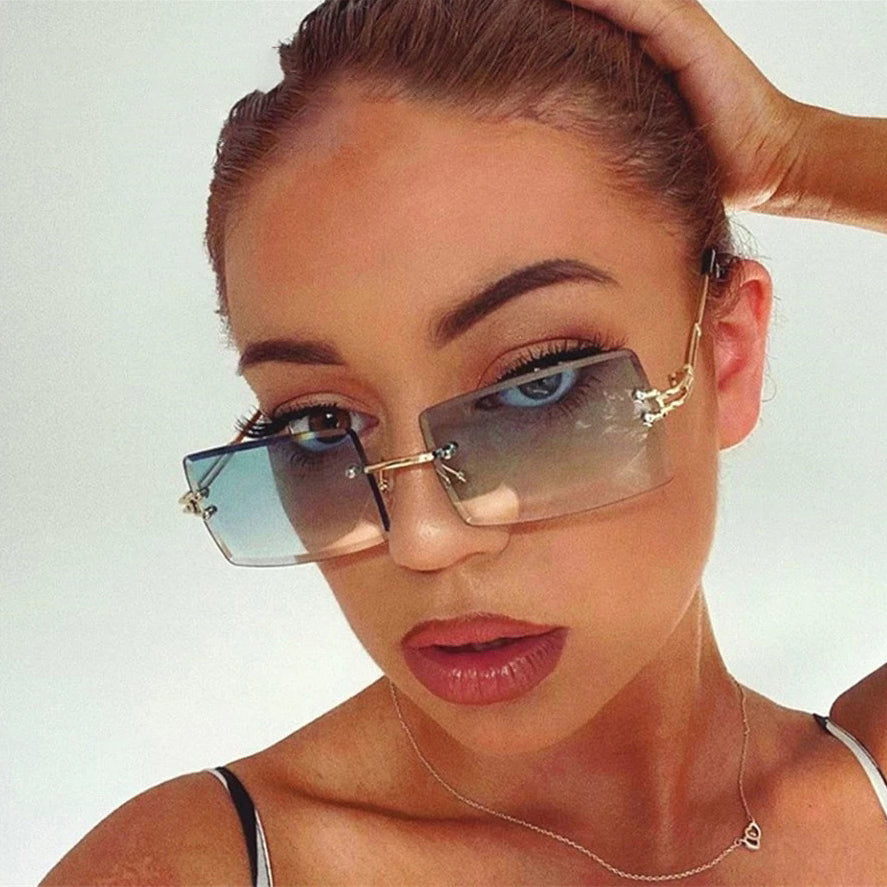 Rimless Rectangle Sunglasses Gradient Lens Cut Edge Glasses UV400