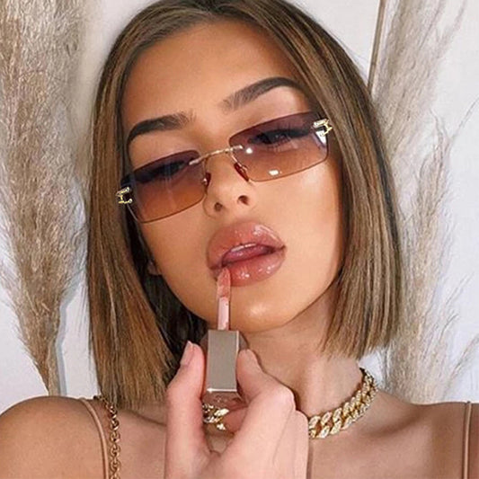 Rimless Rectangle Sunglasses Gradient Lens Cut Edge Glasses UV400