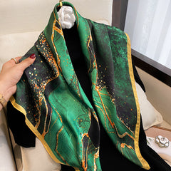 Dark Green River Print Neckerchief Vintage Silk Square Scarf Bandana
