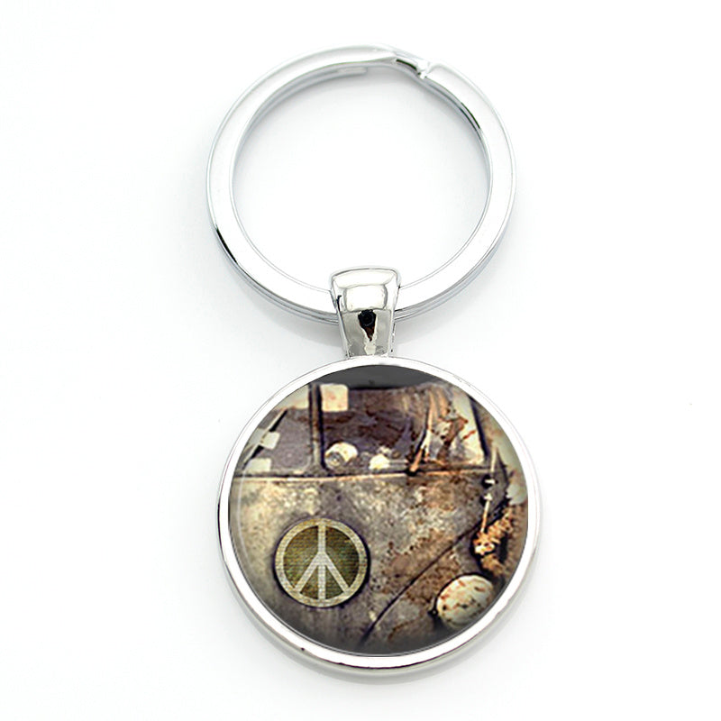 Hippie Peace Sign Van Bus Keychain Men Women Purse Bag Car Pendant Key Chain