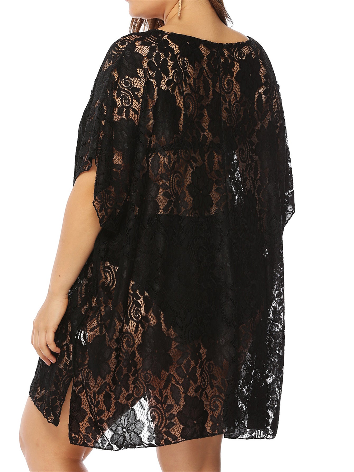  Embroidered Floral Lace V Neck Cover Up